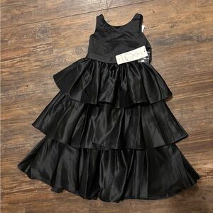NWT Elegant Black Satin Tiered Dress With Large Bow On Back